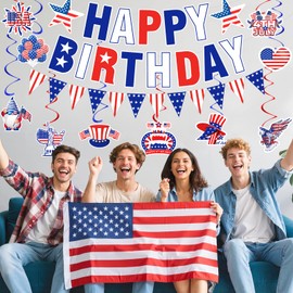 4th of July Birthday Decorations Patriotic Red White and Blue Fourth of July Independence Day Birthday Banner Swirls American Stars Stripes Flag Garland for Independence Day National Day Supplies