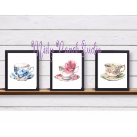 Set of 3 Vintage Floral Teacups UNFRAMED Watercolor Wall Art Prints Kitchen Tea