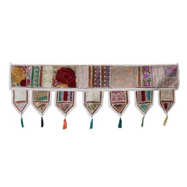 INDIAN CRAFT CASTLE Cotton Vintage Patchwork Door Hanging Valance Window Hand Embroidered Toran Bohemian Decor Living Room Wall Home Handmade Thoranam Bandanwar Decorations (White, 2 Meter)