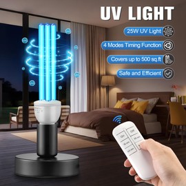 Qualirey 25 Watt UV Light, UVC Lights with E27 Metal Base and Remote Control and UV Protection Glasses, UVC Light Bulb for Basement/Bedroom/Kitchen (Ozone Free)