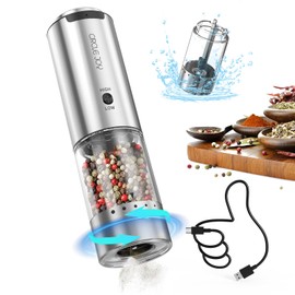 CIRCLE JOY Electric Pepper Grinder Stainless Steel Rechargeable Pepper Mill with Variable Grinding Speed, External Adjustable Coarseness, Washable 95ml Container and Whiet LED Light, Silver