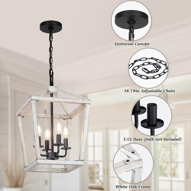4 Light Rustic Chandelier, Farmhouse Lantern Fixture with Brushed White