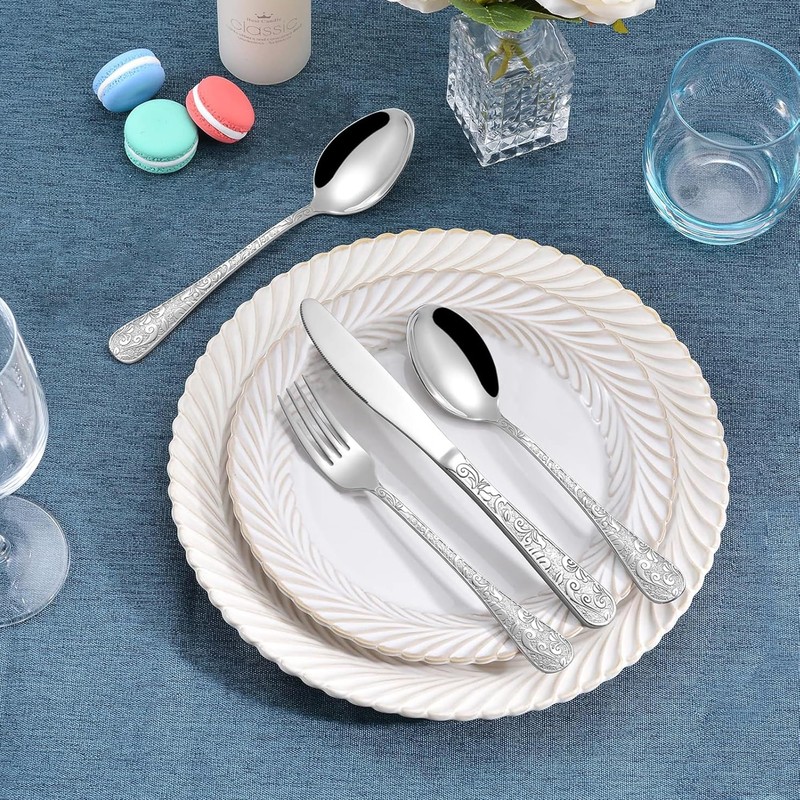 Runfly Vintage Carved Stainless Steel 20 Pieces Flatware Set, Silverware
