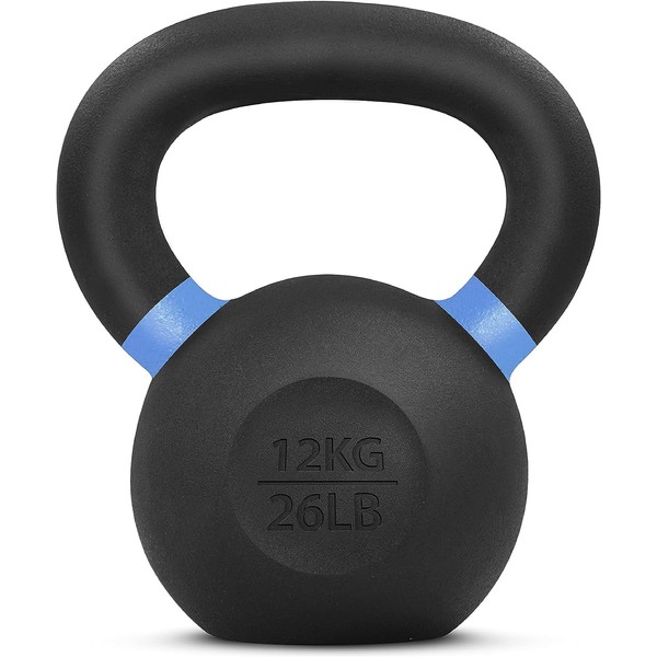 Yes4All Powder Coated Kettlebell Weights with Wide Handles & Flat Bottoms–12kg/26lbs Cast Iron Kettlebells for Strength, Conditioning & Cross-Training, Size D-12 KG/26 LB (SD7M),E -Blue- 12 KG / 26 LB