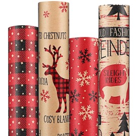 Anvure Christmas Wrapping Paper (4 Rolls: 93 sq. ft total) 17 Inch*16.4 Feet Per Rolls, Xmas Kraft Set Designs with Plaid, Reindeer, Tree, Snowflake & Star Patterns Holiday Wrap for Gift