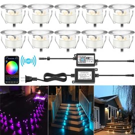 QACA Smart LED Deck Lights Kit WiFi Controlled Color Changeable,Φ1.38“Outdoor IP67 Waterproof Low Voltage Step Lights In-Ground Lighting,Works with Samrt Phone,Alexa, Google Home(Silver Border,10pack)
