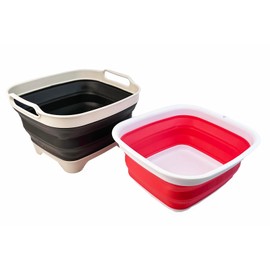 SAMMART 7.5L (2 Gallons) Collapsible Dishpan with Draining Plug & 7.7L (2 Gallon) Collapsible Tub-Foldable Washing Basin-Portable Dish Washing Tub-Space Saving (Washed Black+Coral Pink, 2)