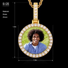 YIMERAIRE Custom Picture Necklace Personalzied Engraving Message/Name Mini Round Photo Pendant Full Lab Diamond Iced Out Prong Set Memory Necklace with Picture Hip Hop Jewelry for Men Women