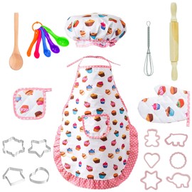 22 Pcs Kids Chef Role Play Costume Set, Toddler Cooking Apron Set, Apron and Chef Hat for Dress Up Chef Costume Career Role Play for Boys and Girls Ages 3+(Donuts)
