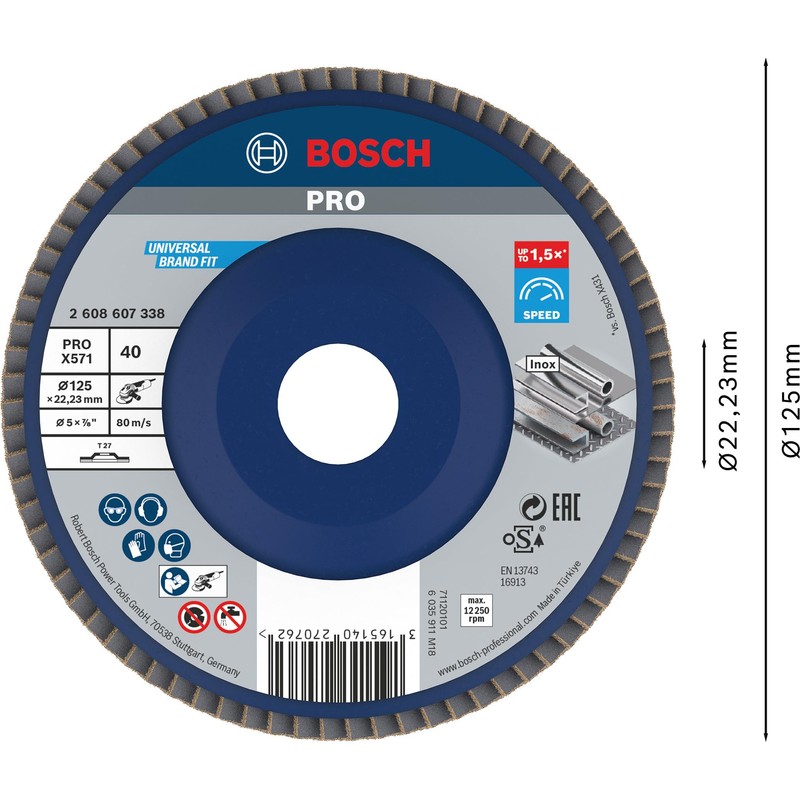 Bosch 2608607338 125 mm 40 Grit Metal Flap Disc