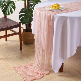 5 Pcs Gauze Table Runner, 10Ft Sheer Cheesecloth Table Runner Bulk for Holiday Party Bridal Shower Romantic Boho Table Decor | 35" W x 118" L | Blushing Pink