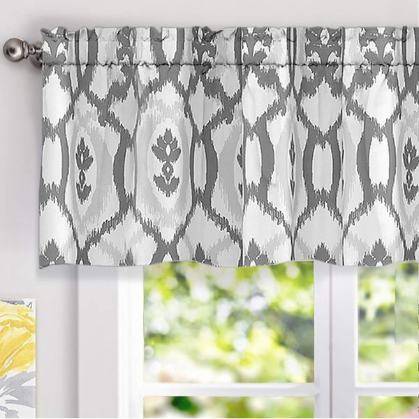 DriftAway Evelyn Ikat Fleur Floral Pattern Window Curtain Valance 52 Inch by 18 Inch Gray