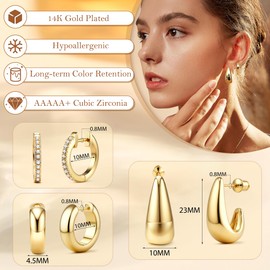 MILACOLATO Gold Chunky Hoop Earrings Set for Women, 14K Gold Plated Twisted Huggie Hoop Earring Hypoallergenic, Thick Open Hoops Set Lightweight Gold-CZ