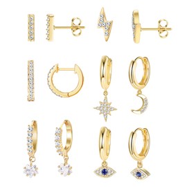 6Pairs Moon Star Dangle Hoop Earrings for Women Mini Bar Stud Earrings CZ Drop Cartilage Cute Jewelry Small Huggie Hoop Valentiine's Gift Gold Plated