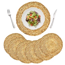 13.8" Round Woven Placemats Set of 6 - Boho Farmhouse Rattan Chargers for Dinner Plates, Braided Jute Table Mats for Dining Decor, Natural Water Hyacinth Heat Resistant Place Mats