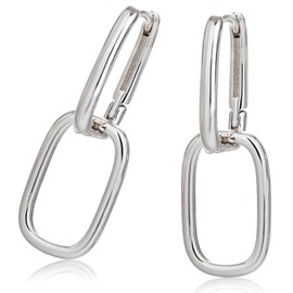 925 Sterling Silver Earrings, Double Ring Oval Huggie Hoop Earrings, Small Silver Sleeper Earrings with Geometric Drop Earrings, Paperclip Link Chain Earrings, for Women Gifts (Sliver)