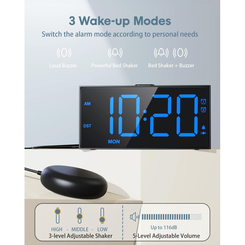 Upgraded Loud Alarm Clock with Bed Shaker for Heavy Sleepers,