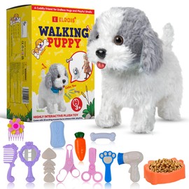 Elrois Walking Plush Puppy, Dog Toys for Kids, Interactive Dog Toy for Girls and Boys, Barks & Wags Tail On a Lead, Grey Color, Plush Puppy with Remote Leash for Toddler, Robot Toy Unisex Gift