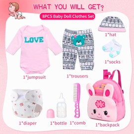 Reborn Baby Girl Doll Clothes Pink Outfits Accesories 8 Pcs Set with Backpack&Diaper for 17-22 Inch Reborn Doll Newborn Girl