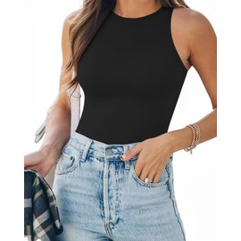 MANGOPOP - Body sin mangas para mujer, sexy, cuello redondo, espalda cruzada, halter, acanalado, sin mangas, para mujer, Negro -, M