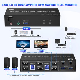8K USB 3.0 Displayport KVM Switch 2 Monitors 2 Computers 8K@60Hz 4K@144Hz, Dual Monitor Displayport 1.4 KVM Switches with Audio Microphone Output and 3 USB 3.0 Ports, DP Switch for 2 PCs 2 Monitors