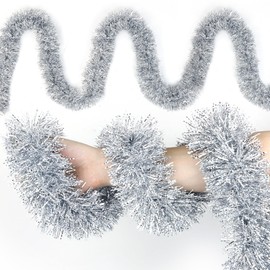 Tifeson 50Ft Christmas Tinsel Garland Xmas Tree Decorations Silver White Metallic Glitter Tinsel Twist Hanging Garland for Indoor Outdoor Christmas Holiday Party Decor