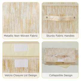 VinneGenzz Decorative Storage Boxes with Lid Luxury Metallic Fabric Storage Bins Organizer Containers Collapsible Shelf Baskets with Handles for Home Bedroom Closet Office (Gold, Large Size)