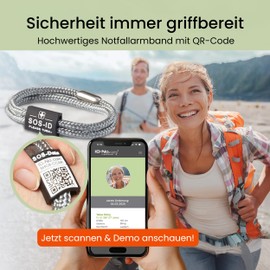 SOS-ID Lifestyle Emergency Bracelet Made of Heavy Duty Sailing Rope with QR Code (Size L/Silver) - Durable & Waterproof SOS Bracelet for Emergencies - Quick Access to Health Data