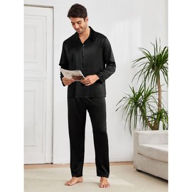 SWOMOG Mens Pajamas Set Satin Sleepwear Long Sleeve Button Down Loungewear V-Neck Womens Pajama Pants with Pockets Black