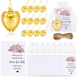 Gisafai 30 Set Bridal Shower Tea Party Favors for Guest Include 30 Heart Tea Infuser Ball Tea Steeper for Loose Tea 30 Thank You Card 30 Organza Bag 1 Twine for Bridal Shower, No Tea (Gold)