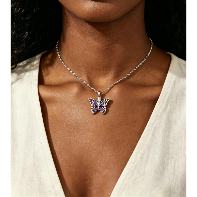 NanMuc Purple Butterfly Urn Necklace for Ashes Insect Cremation Keepsake