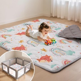Duwenem Baby Play Mat for Floor,71x59 Inch Soft Padding Crawling Mat for Playpen, Foldable and Machine Washable, Thick for Babies & Toddlers,Rainbow Fox