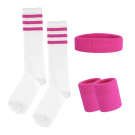 Sweatband and Socks Set, 80s 90s Sweatband Striped Headband, Bracelet, Striped High Socks for Women Men Sports Running Cycling Carnival Costumes Party