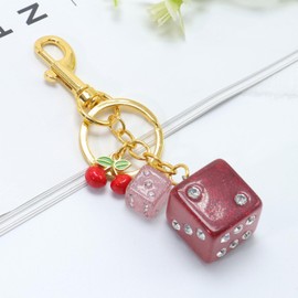 Atifober Red Dice Keychain, Cute Gold Dice Bag Charm Lucky Magic Charms with Cherry for Purse Handbag Backpack Car Key Chain Bag Accessories for Women Men