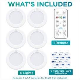 Brilliant Evolution LED Tap Light Push Lights with Remote - 6-Pack Battery Operated Under Cabinet Lights - Stick On Puck Lights for Kitchen, Closet, and Night Lighting - Wireless Warm White, 55 Lumens