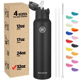 Han's Bottle Sports Water Bottle - 32 Oz, Straw Lid, Leak Proof, Vacuum Insulated Stainless Steel, Double Walled, Thermo Mug,Black