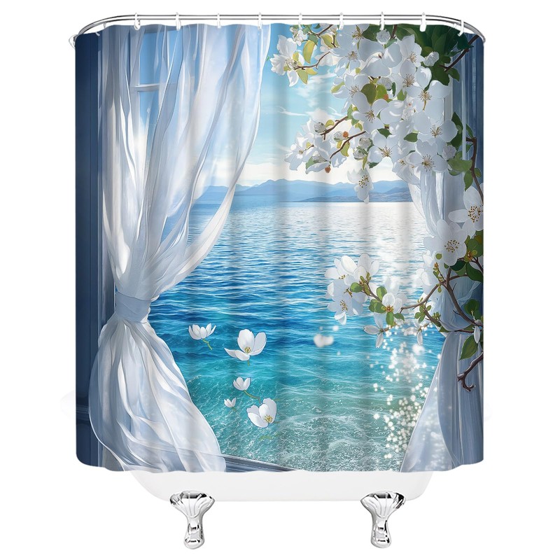 ZRUWUA Beach Coastal Shower Curtain Ocean White Floral Window Seascape
