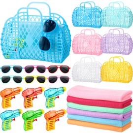 Yiyiring 48 Pcs Pool Party Favors for Kids Beach Party Favors, Reusable Jelly Basket Neon Sunglasses Absorbent Beach Towel Mini Water Guns End of School Gifts for Kids Summer Themed Birthday Supplies