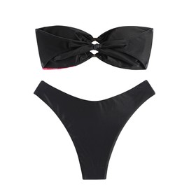 ZAFUL Women's Bandeau Bikini O Ring Strapless Tie Back High Cut Two Piece Swimsuit Bathing Suits (5-Black Print, S)