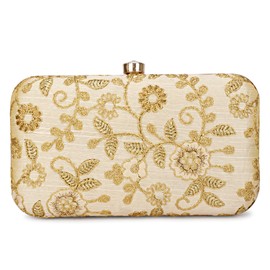 LONGING TO BUY Hand Crafted Designer Box Clutch For Women, Zari Embroidery Clutch For Women/Hand Clutch For Women, Golden-2, Wedding Clutch