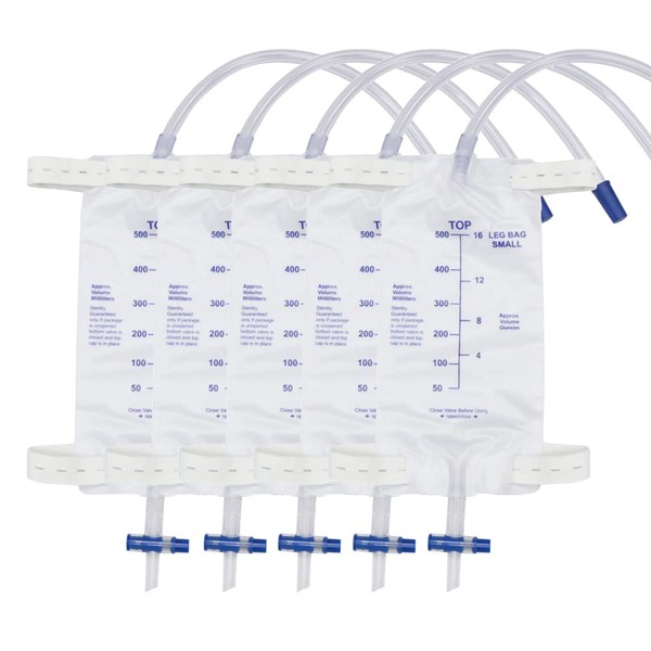 5 Pack 500ml Leg Bag Urinary Drainage Bag, Urine Collection Bag Drain Bag with 2 Straps, Anti-Reflux Valve