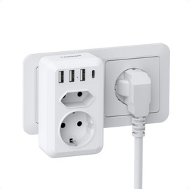 TESSAN Double Plug for Socket, Multiple Socket with 4 USB, Socket Adapter Double with Switch 4000 W, Multiple Plug for Socket, USB Socket Distributor Compatible with Office, White
