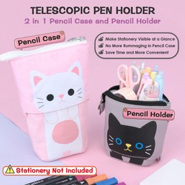 EDATOFLY Telescopic Pencil Case, Cute Standing Pencil Case Retractable Telescopic Pen Pouch Small Pencil Case Stand Up Pencil Case Pencil Bag Pencil Pouch for Girls Boys Kids (White Cat)
