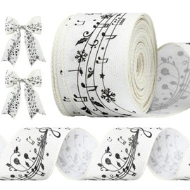 Craftsatin 2.5 Inch 20 Yard Christmas Musical Note Ribbon Musical Themed Ribbon Wired Edge Ribbon Roll for Gift Wrapping DIY Crafts Wedding Birthday Holiday Backing Packaging Supplies, White and Black