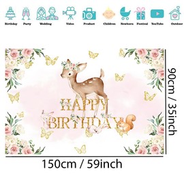 Tecreo Happy Birthday Backdrop Banner Party Decoration for Girls Birthday Party Fabric Sign Poster, Floral and Deer Background 1st 2nd 3rd 4th 5th 6th 10th Birthday Party Supplies, 150x90cm