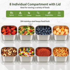 Snackle Box Container, 8 Stainless Steel Compartments with Individual Lids