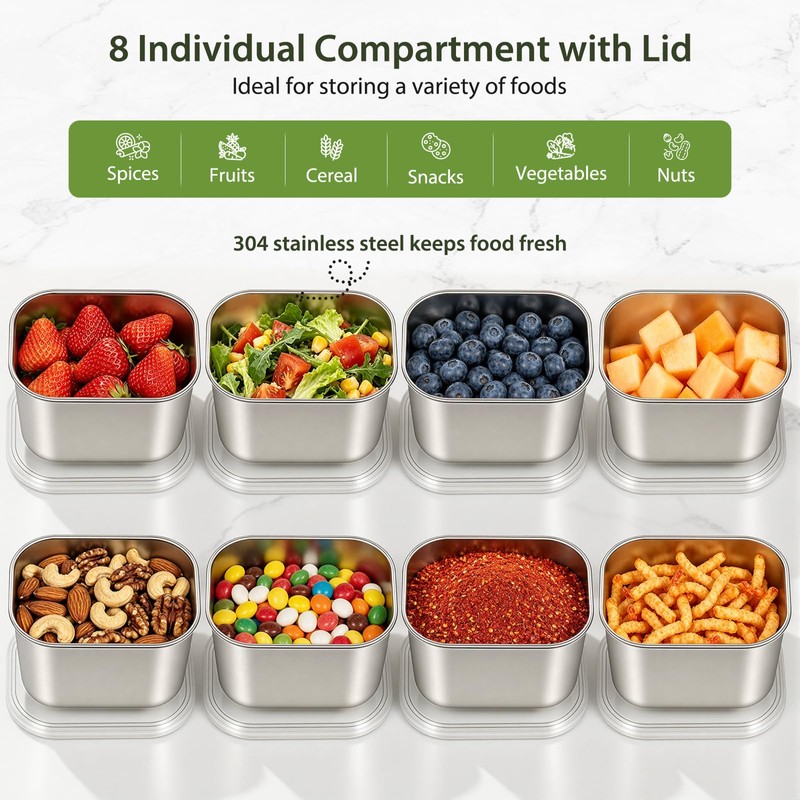 Snackle Box Container, 8 Stainless Steel Compartments with Individual Lids