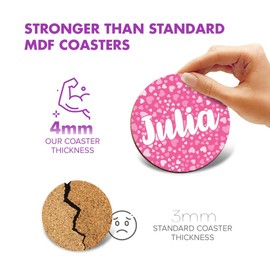 1 x Round Coaster - Name Julia Pink Hearts Love Letter Lettering Initial Cork Backed MDF Glossy Tea Coffee Accessory #268660