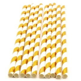 Paper Straws 100pcs Biodegradable Recyclable Drinking Straws for Party Birthday Wedding (Golden White Stripe)