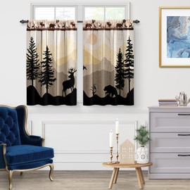 Forest Animal Cabin Kitchen Curtains: Sunset Country Bear Deer Nature Printed Short Cafe Curtain for Dining Room Tier Curtains Farmhouse Decor Rod Pocket Window Drapes 24Inch Length 2 Panels Set